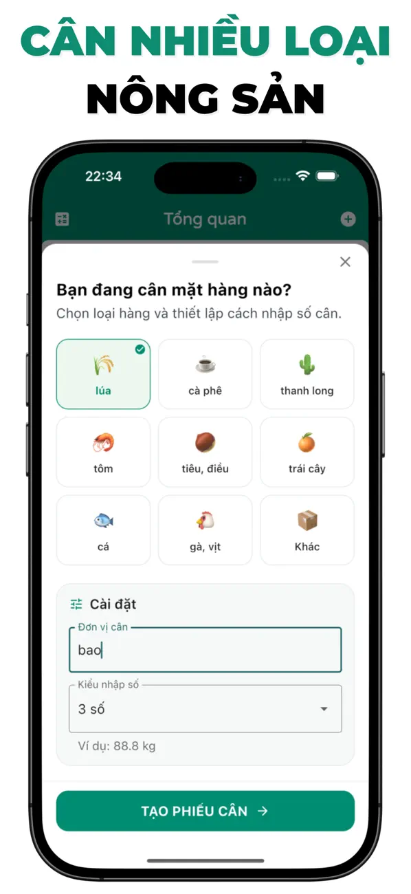 Cân Nông trên iPhone: cân nhiều loại nông sản