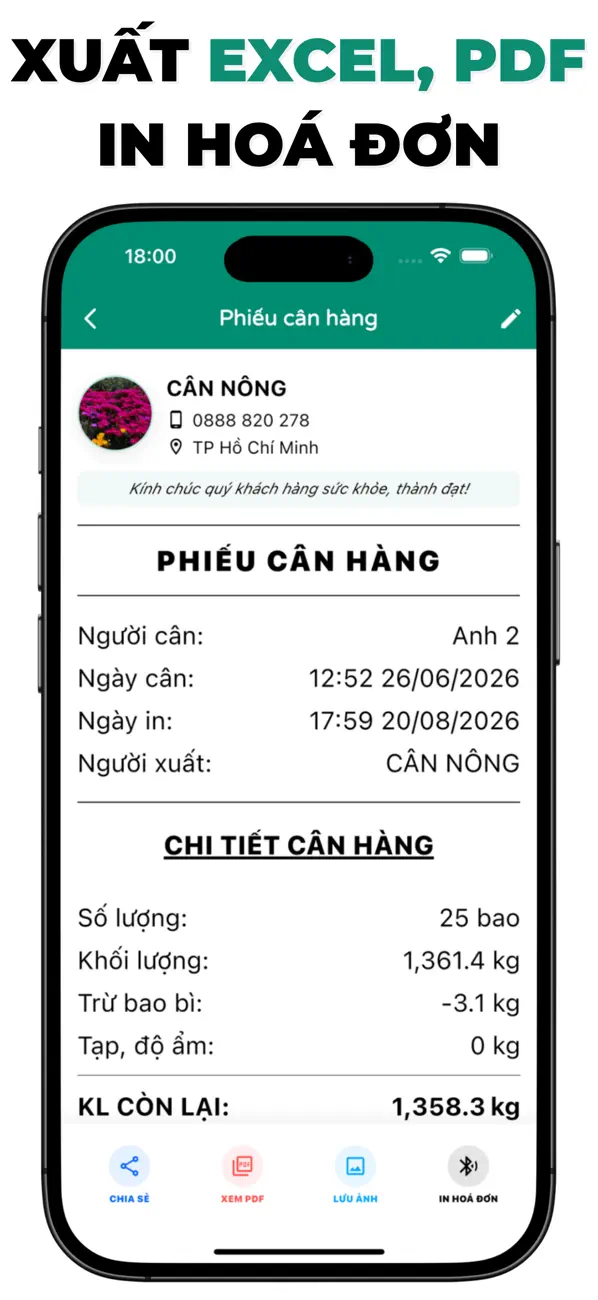 Cân Nông trên iPhone: xuất excel, pdf và in phiếu cân