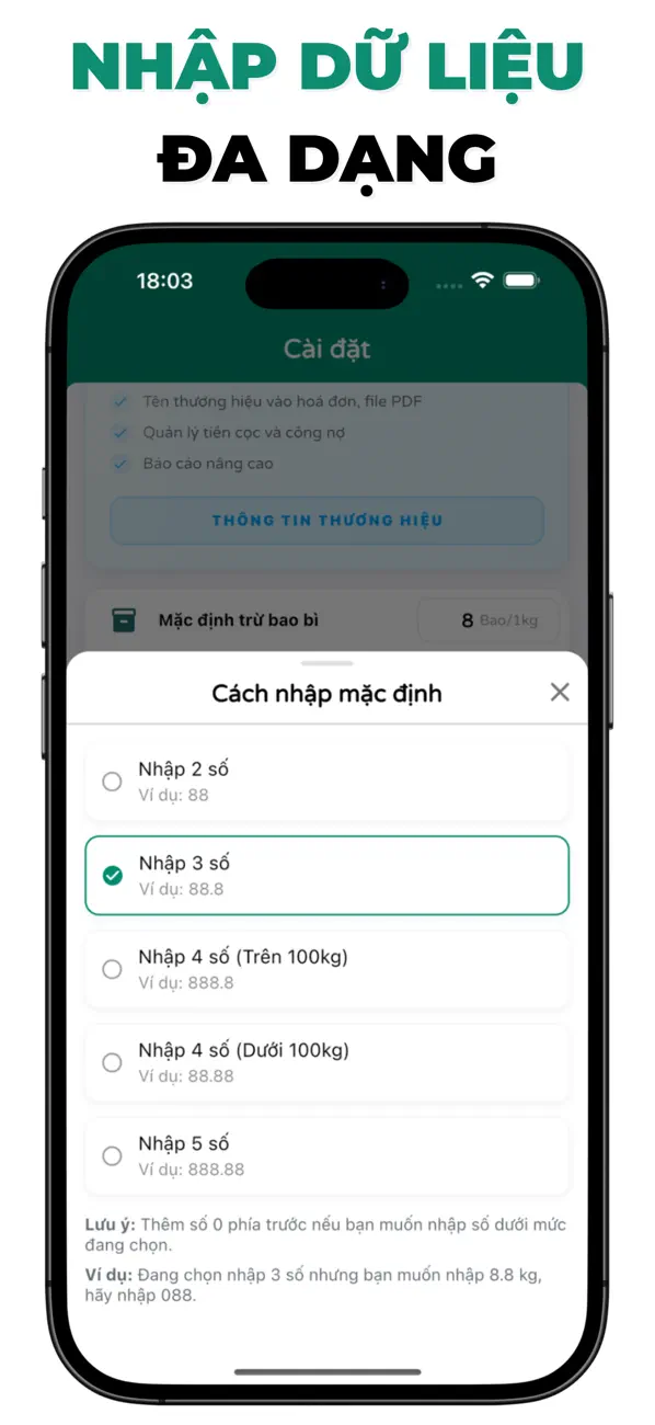Cân Nông trên iPhone: chọn cách nhập số cân