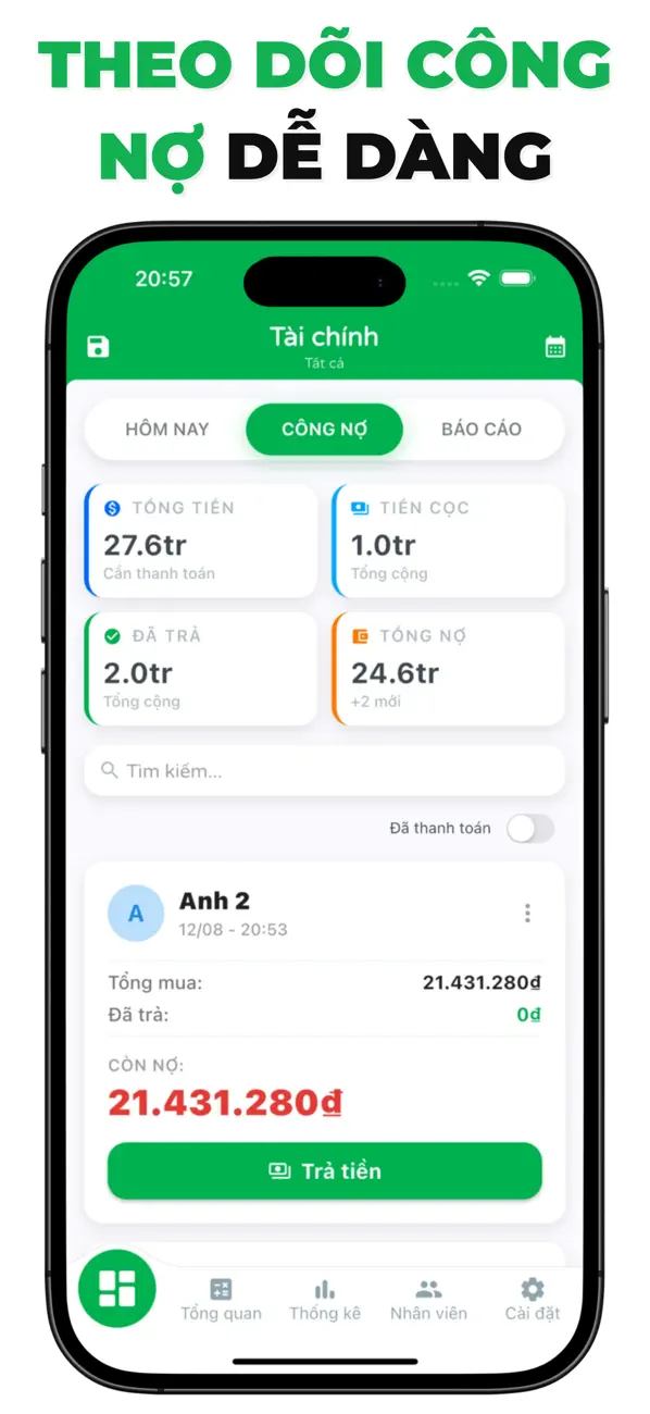 Màn hình theo dõi công nợ của khách hàng